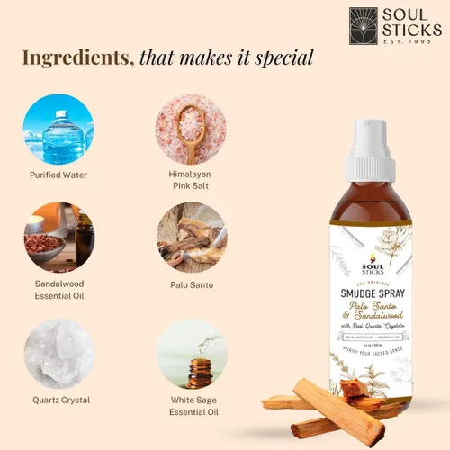 Vista 2 de SOUL STICKS Spray de Palo Santo y Sándalo para Limpieza y Energía Negativa Spray de Palo Santo 3.5oz con Cristales de Cuarzo Reales Spray