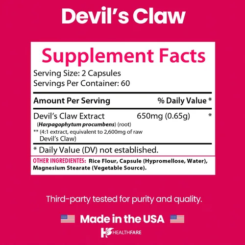 Vista 3 de Healthfare Devils Claw Root Suplemento de hierbas de 2600 mg 120 cápsulas veganas Extracto de raíz concentrado para apoyo articular Sin OMG