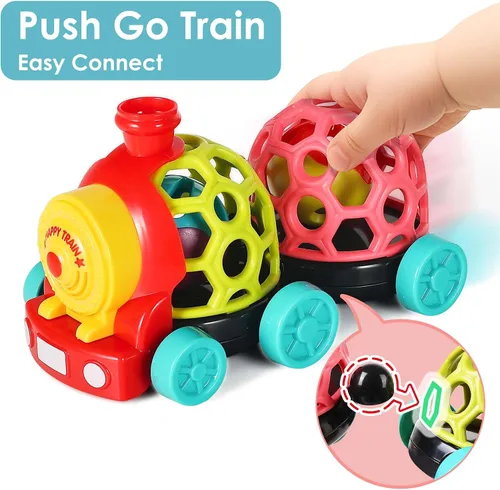 Vista 2 de iPlay, iLearn Tren de juguete para bebés, autos suaves para niños de 6 a 12 meses, camión musical Push N Go, sonajero sensorial para niños pequeños