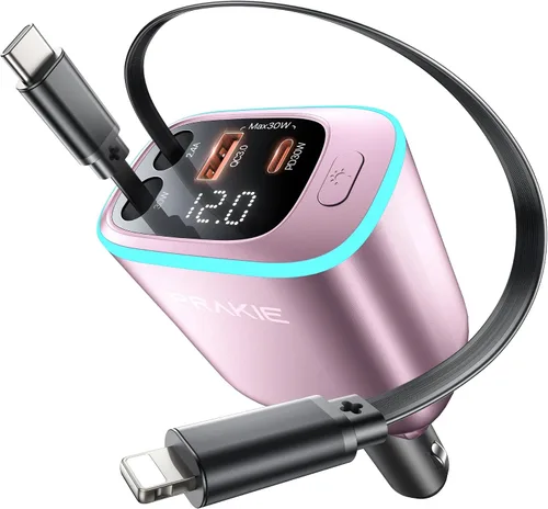 Vista 8 de Cargador de Coche, Cable USB C para iPhone Retráctil Cargador de Teléfono USB C Rápido, Adaptador de Encendedor de Cigarrillos con 2 Cables USBC