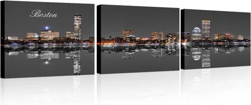 Vista 56 de 3 paneles de Atlanta Skyline vista de la ciudad en blanco y negro, imágenes panorámicas de edificio de ciudad, decoración de pared para sala