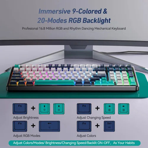 Vista 4 de EarlyLit Teclado mecánico intercambiable en caliente, teclado para juegos con cable con almohadilla numérica, junta silenciosa e interruptores