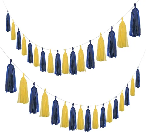Vista 2 de 20 guirnaldas de borlas azules y amarillas para decoraciones de fiesta