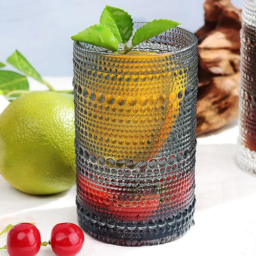 Vista 9 de Juego de 6 vasos de vidrio Lumkit acanalados para beber, juego de cristalería vintage cóctel, vasos para jugo de 13 onzas, ámbar