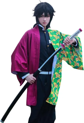 Vista 2 de Giyuu - Disfraz de anime para adultos, disfraz de Halloween, kimono, traje con peluca