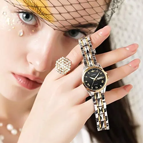 Vista 3 de OLEVS Reloj de pulsera mecánico de cuerda automática para mujer, de marca suiza, vestido de cristal de zafiro, impermeable, para mujer