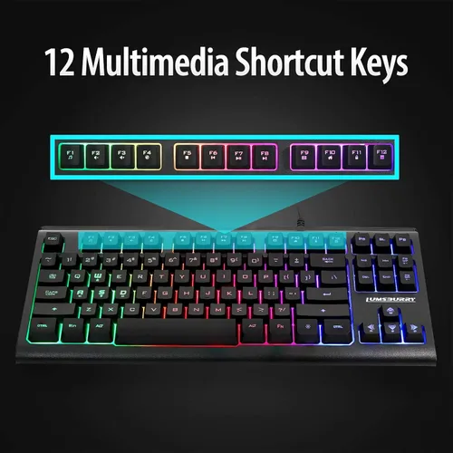 Vista 6 de Lumsburry - Teclado de computadora, 87 teclas, teclado USB compacto con cable, retroiluminación LED de arcoíris para PC, portátil, teclado