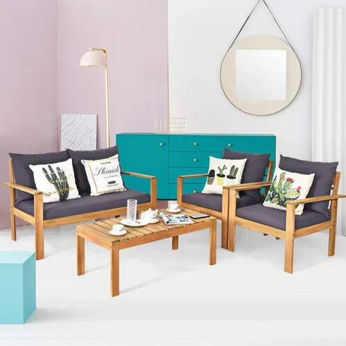 Vista 3 de COSTWAY Juego de 4 sofás de madera de acacia para exteriores, juego de sofá de conversación al aire libre con mesa y cojines, sillas de porche