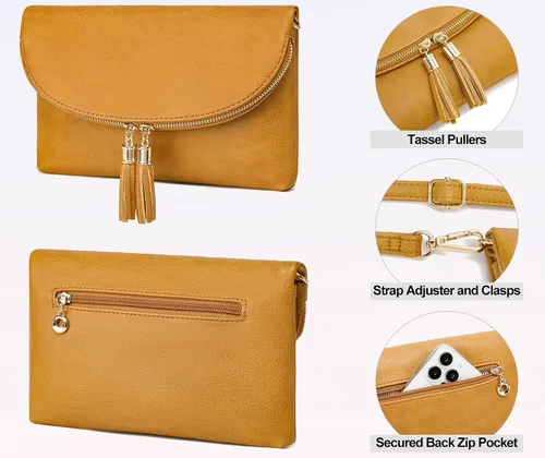 Vista 4 de Solene Bolso de mano para mujer, con múltiples compartimentos, 6 ranuras para tarjetas en el interior, bolsa cruzada con borlas