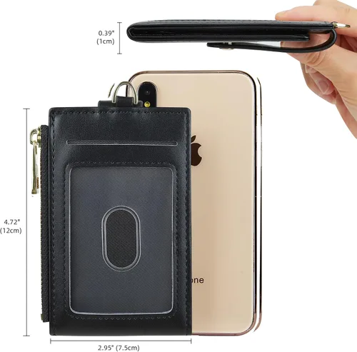 Vista 4 de Tarjetero de cuero para mujer, con bloqueo RFID, delgado y pequeño, con cremallera, llavero, bolsillo frontal, con 2 ventanas para identificación
