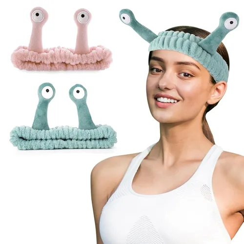 Vista 8 de 2 diademas de lavado facial con palmera y caracol, bandas para el cabello de spa, diademas de maquillaje para mujeres, de dibujos animados, de forro