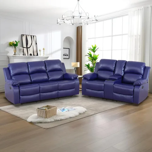 Vista 34 de Juego de Muebles para Sala de Estar, Juego de Sofá Reclinable Manual, Juegos de Sofás Reclinables de Cuero Beige con Mesa Desplegable, Sofá
