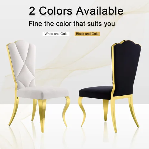 Vista 9 de Juego de 2 sillas de comedor de terciopelo negro y dorado, sillas de cocina tapizadas con respaldo alto con patas de acero inoxidable pulido, sillas