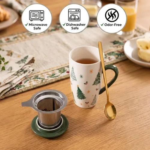 Vista 3 de Taza de té de cerámica con tapa, infusor y cuchara, 16 onzas Verde (Green Christmas)