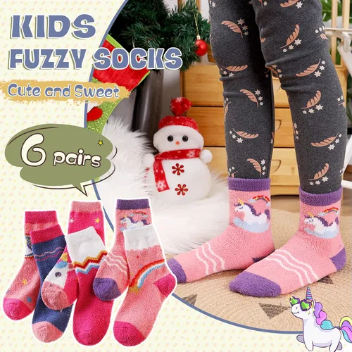 Vista 5 de Calcetines peludos para niños y niñas con agarres antideslizantes suaves cálidos acogedores para invierno mullidos para niños y niñas