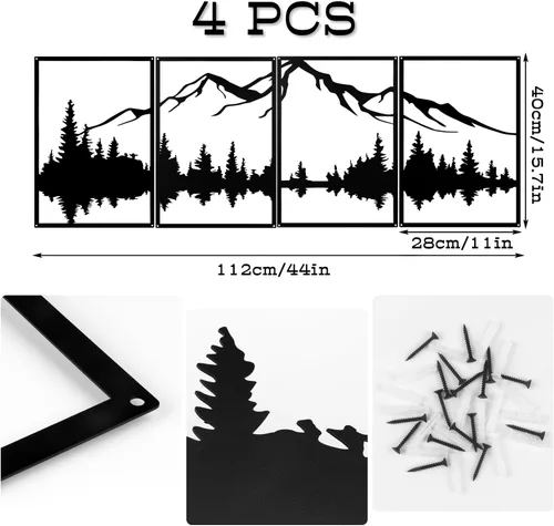 Vista 6 de YIYA 4 piezas de arte de pared de metal de montaña, decoración de pared de metal negro decorativo de bosque grande, esculturas de pared verticales