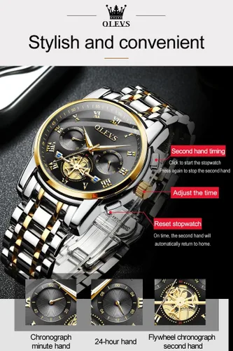 Vista 6 de Relojes clásicos de acero inoxidable para hombre, cronógrafo de cuarzo, luminoso, hueco Tourbillon, reloj de vestir casual de negocios para hombres