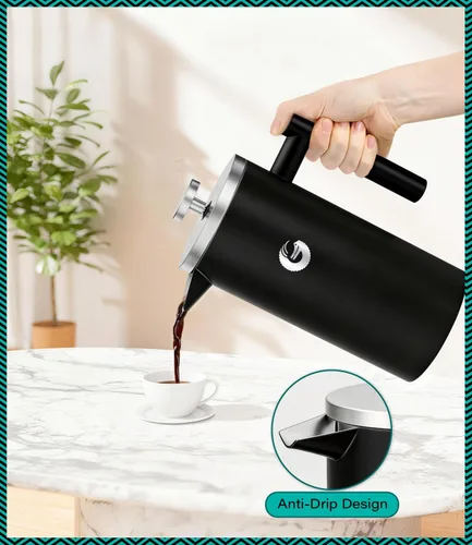 Vista 6 de Coffee Gator - Cafetera de prensa francesa de acero inoxidable 304 de 34 oz, tetera para té y café de doble pared aislada con sistema de filtración