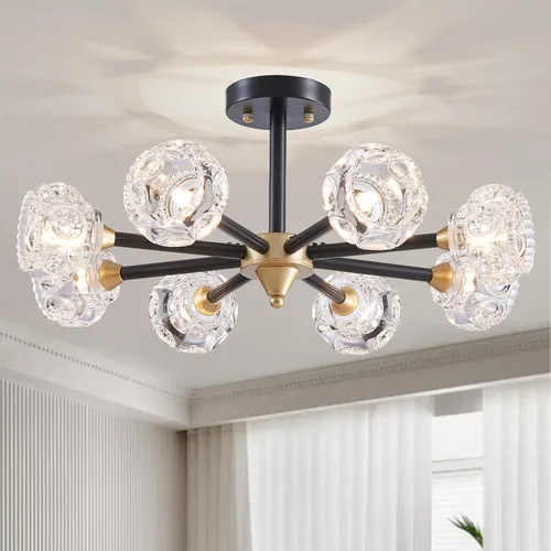Vista 11 de XINGQI Lámpara de techo moderna de 6 luces, lámpara de montaje semiempotrado Sputnik, lámparas de araña doradas en negro para recámara, comedor