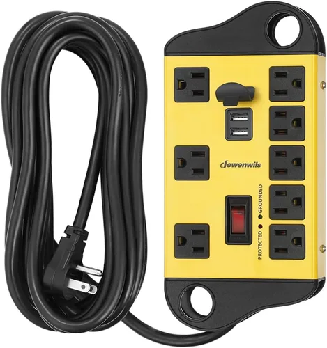 Vista 8 de Regleta industrial DEWENWILS con 2 USB, protector de sobretensiones de metal 6FT Heavy Duty Extension Cord, Wide Space 8 Outlet, 1440J, 14AWG