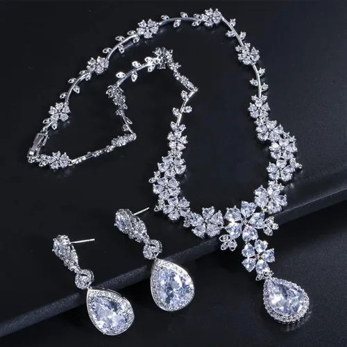 Vista 4 de SLFDXDP Joyería para mujer, joyería de boda, fiesta, disfraz de gota, flor de novia, conjuntos de collares para novias (color metal chapado en plata)
