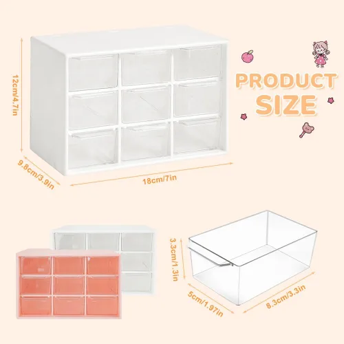 Vista 3 de Mini organizador de almacenamiento de plástico y bonitas calcomanías, mini organizador de cajones con 9 fundas de manualidades, organizador