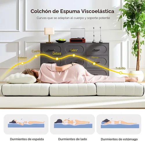 Vista 3 de ROXGOX Colchón Plegable, Cubrecolchón de Espuma Viscoelástica Twin de Triple Pliegue con Funda Lavable, Asa y Parte Inferior Antideslizante, Cama