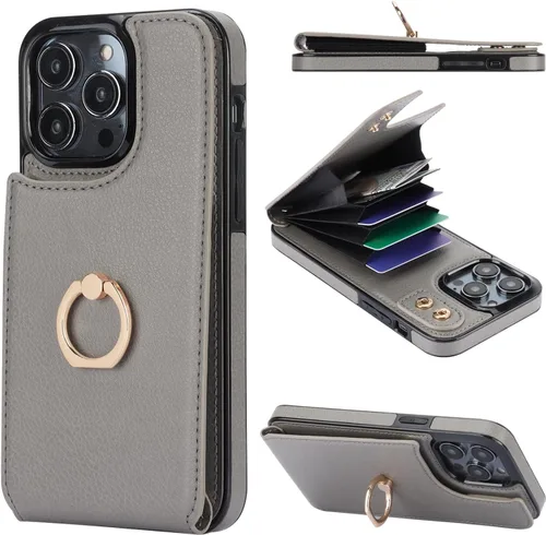 Vista 10 de Folosu Funda tipo billetera compatible con iPhone 14 con soporte para tarjetas, soporte de anillo para dedo con rotación de 360° y función atril