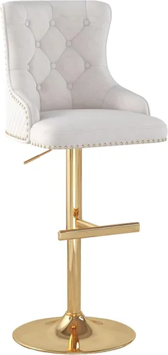 Vista 11 de Juego de 2 taburetes de bar de terciopelo, altura ajustable, base de metal dorado, beige Diseño de cabeza de clavo, función giratoria, ideal