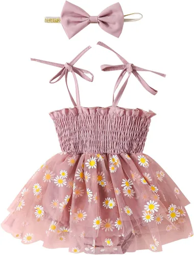 Vista 43 de Mameluco para bebés y niñas de 3, 6, 9, 12, 18 meses, enterizo de manga corta, fruncido, faldas y dobladillo, diadema