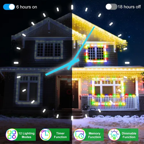 Vista 4 de 612 luces LED de Navidad para exteriores de 60 pies, 136 gotas de hielo, 12 modos profesionales con temporizador de memoria y brillo, tira de luces