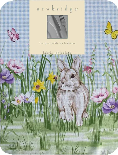 Vista 2 de Manteles Newbridge con diseño de Pascua, primavera, prado y conejos bordados, adorable tela de mantel con conejos y de color azul, con estampado a