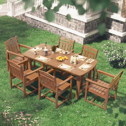 Vista 5 de Juego de comedor al aire libre HDPE, mesa exterior de 7 piezas para todo tipo de clima y 6 sillas Teca
