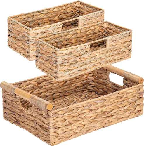 Vista 14 de VATIMA Cestas de hierba marina con asas de madera, juego de 3 cestas decorativas de mimbre natural para cocina