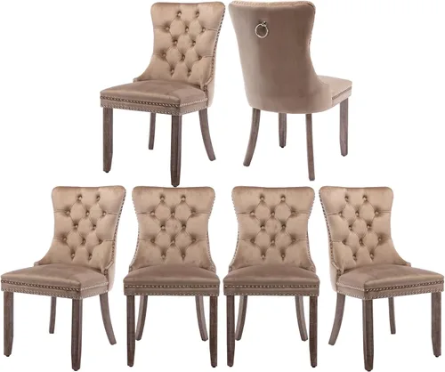 Vista 69 de Juego de 2 sillas de comedor de terciopelo, silla de comedor tapizada de alta gama con tirador de anillo en la espalda, adorno de clavos y patas