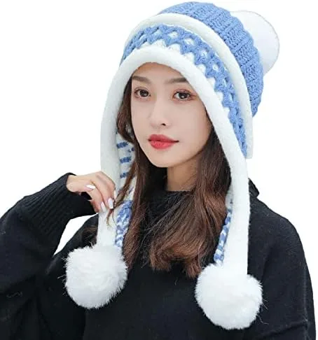 Vista 7 de HUAMULAN Gorro de invierno para mujer, con orejeras, con solapas, sherpa, esquí, nieve, forro polar, 3 pompones