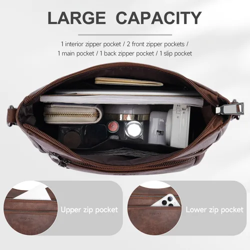 Vista 3 de Bolsos cruzados para mujer, bolso de cuero moderno con múltiples bolsillos y correa de guitarra ajustable