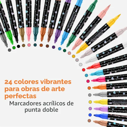 Vista 4 de Juego de rotuladores de pintura acrílica de doble punta de 24 colores, puntas acrílicas multifuncionales con cuerpo de bolígrafo láser, bolígrafos