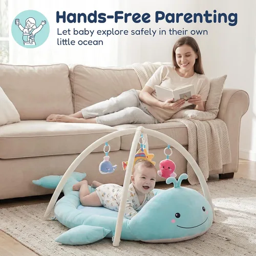 Vista 7 de Tapete de Juego para Bebé, Tapete de Tiempo Boca Abajo de Ballena con Juguetes, Gimnasio de Actividades para Bebés de 0–12 Meses – Tapete Sensorial