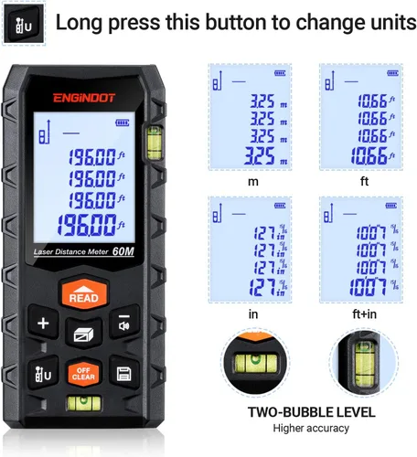 Vista 3 de ENGiNDOT - Medidor láser digital de distancia de 196 pies, con 2 niveles de burbujas, interruptor de Mpulgadaspiepie+in, impermeable IP54 y a prueba