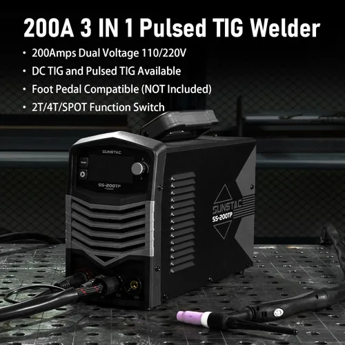 Vista 3 de Sunstac Soldador TIG de 200 A con pulso, 110 V/220 V de doble voltaje, máquina de soldadura DC TIG/TIG de pulso/TIG puntual/Stick 3 en 1, pantalla