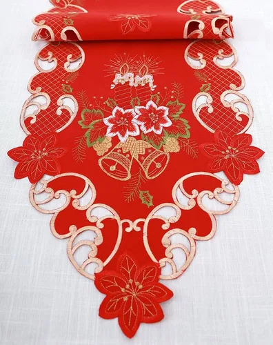 Vista 3 de Grelucgo - Tapete de mesa navideño con bordado de campanas, velas y flores de pascua
