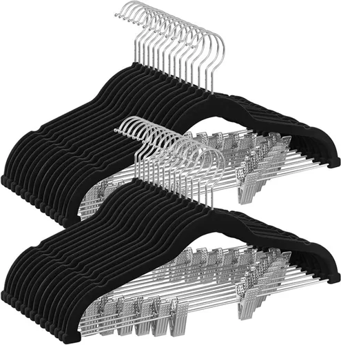 Vista 9 de SONGMICS Paquete de 20 perchas para pantalones, perchas de terciopelo de 16.7 pulgadas de largo con clips ajustables, perchas resistentes