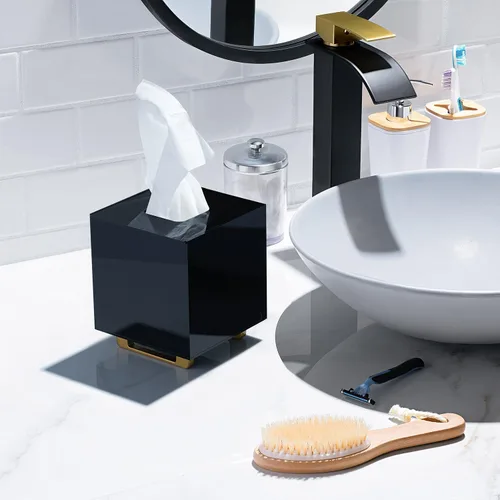 Vista 4 de YoBa Caja de pañuelos de acrílico negro grueso, dispensador cuadrado de caja de pañuelos con patas de aluminio chapado en oro para baño, cocina
