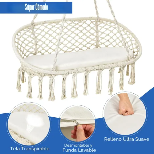 Vista 5 de Giantex Silla hamaca de 2 asientos, silla colgante de macramé con cojín, cuerdas de algodón colgantes, marco de metal, columpio