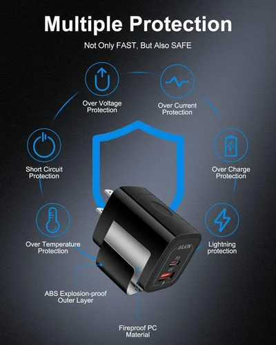 Vista 5 de Paquete de 3 cargadores USB C, cargador USB de doble puerto USB-C enchufable de pared 20 W PD y QC3.0 tipo A bloque de carga rápida para Samsung