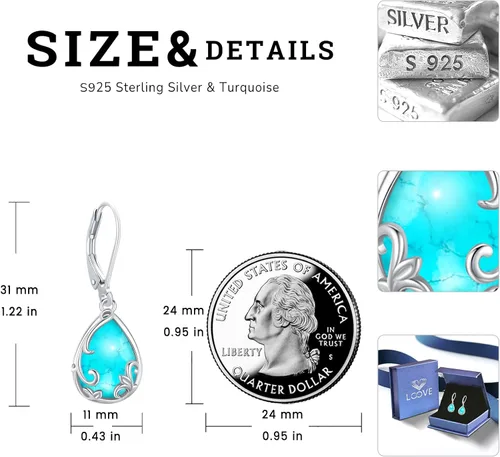 Vista 261 de Aretes colgantes de plata de ley con diseño de árbol de la vida, flor, abeja, animales, gato, colibrí, piedra lunar, turquesa, aretes con cierre