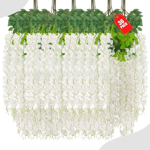Vista 61 de Paquete de 12 flores colgantes de glicina rosa, flores colgantes falsas de 3.44 pies, guirnalda de glicina artificial para decoración de boda, telón