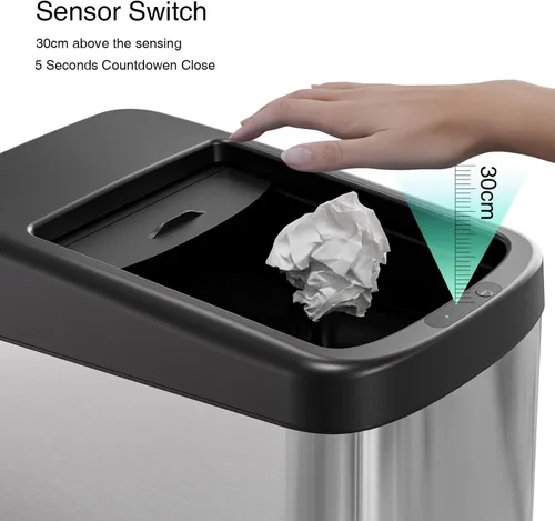 Vista 4 de ELLO&ALLO Bote de basura de cocina de 13 galones con tapa enrollable, sensor de movimiento automático sin contacto rectangular con ruedas, acabado