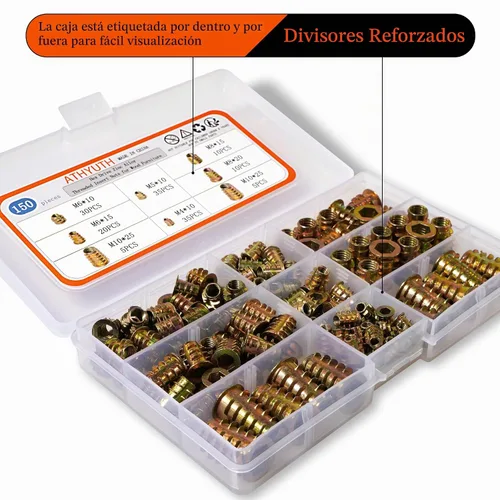 Vista 5 de Insertos roscados para madera, 150 piezas de aleación de zinc, kit surtido de tuercas para madera blanda, enchufe hexagonal con bridas roscadas